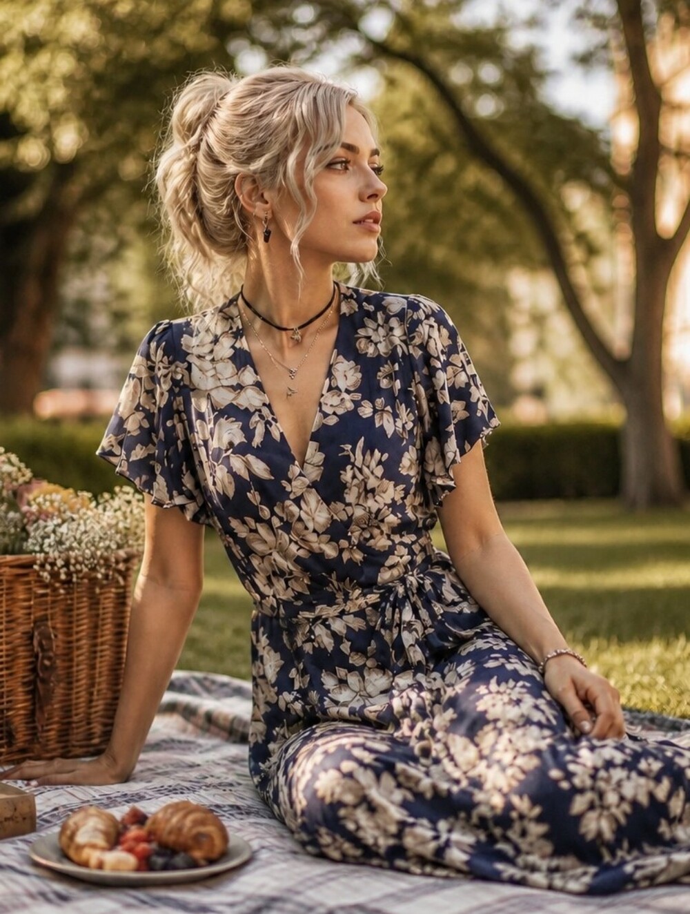 Nicole Miller Navy Floral Wrap Maxi Dress